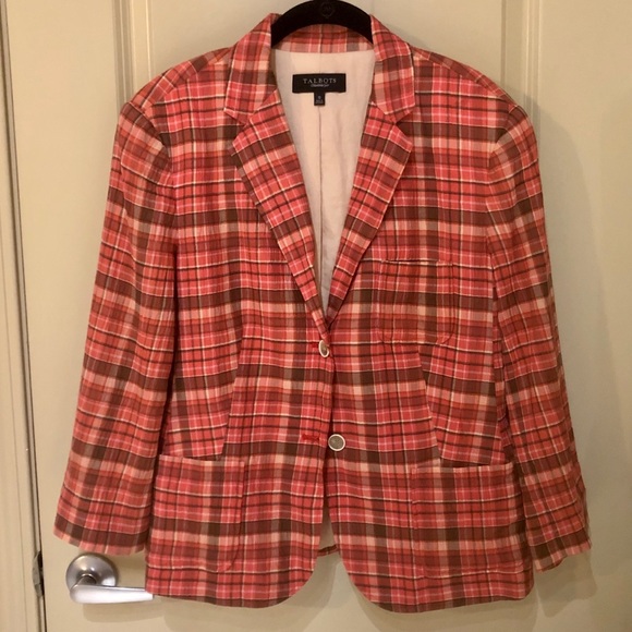 Talbots Coral Plaid Blazer with 3/4 Sleeves - Picture 1 of 7